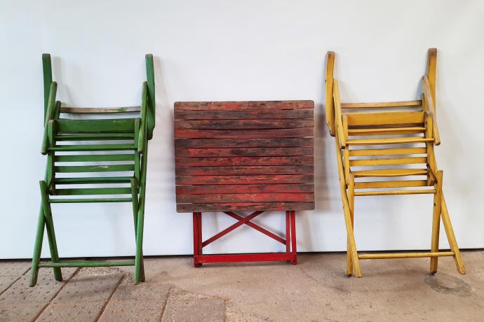 Vintage Gartenmöbel-Set Garnitur: Tisch & 2 Stühle Holz, klappbar